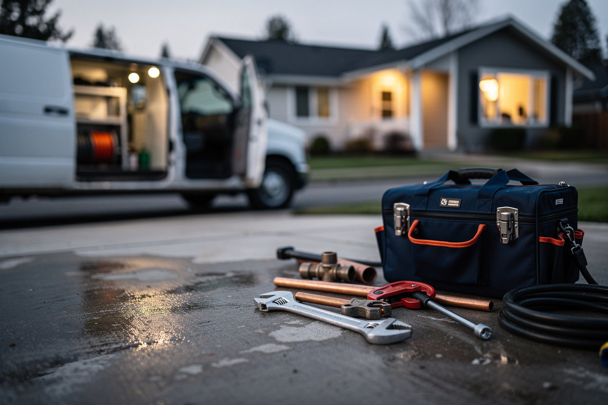 Mossback Plumbing service van and tools at dusk, ready for same-day plumbing calls in Spokane, WA
