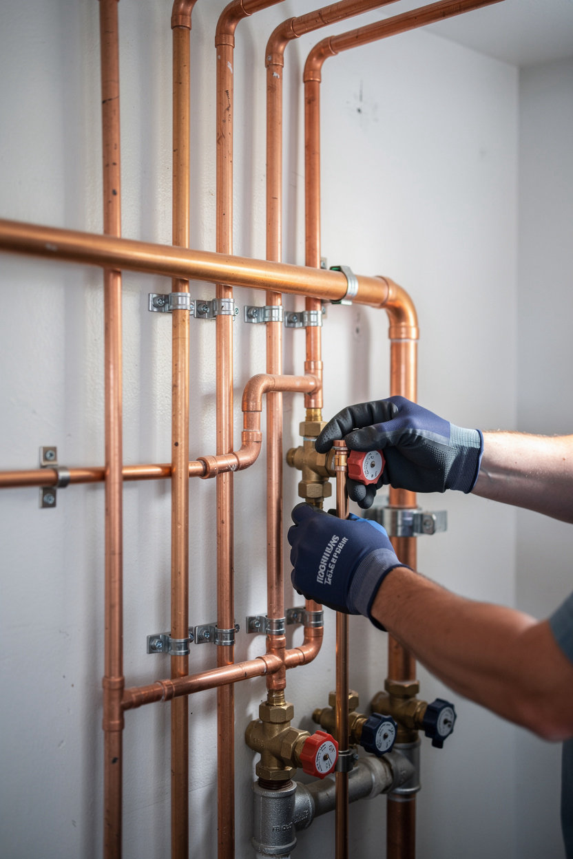 Mossback Plumbing new copper and PEX pipe installed in a clean Spokane home mechanical space