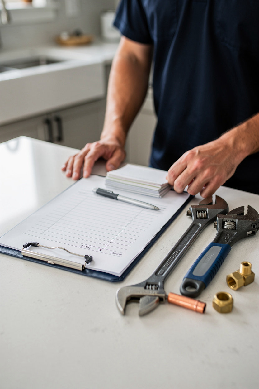 Mossback Plumbing written upfront quote and plumbing tools on a kitchen counter in Spokane, WA